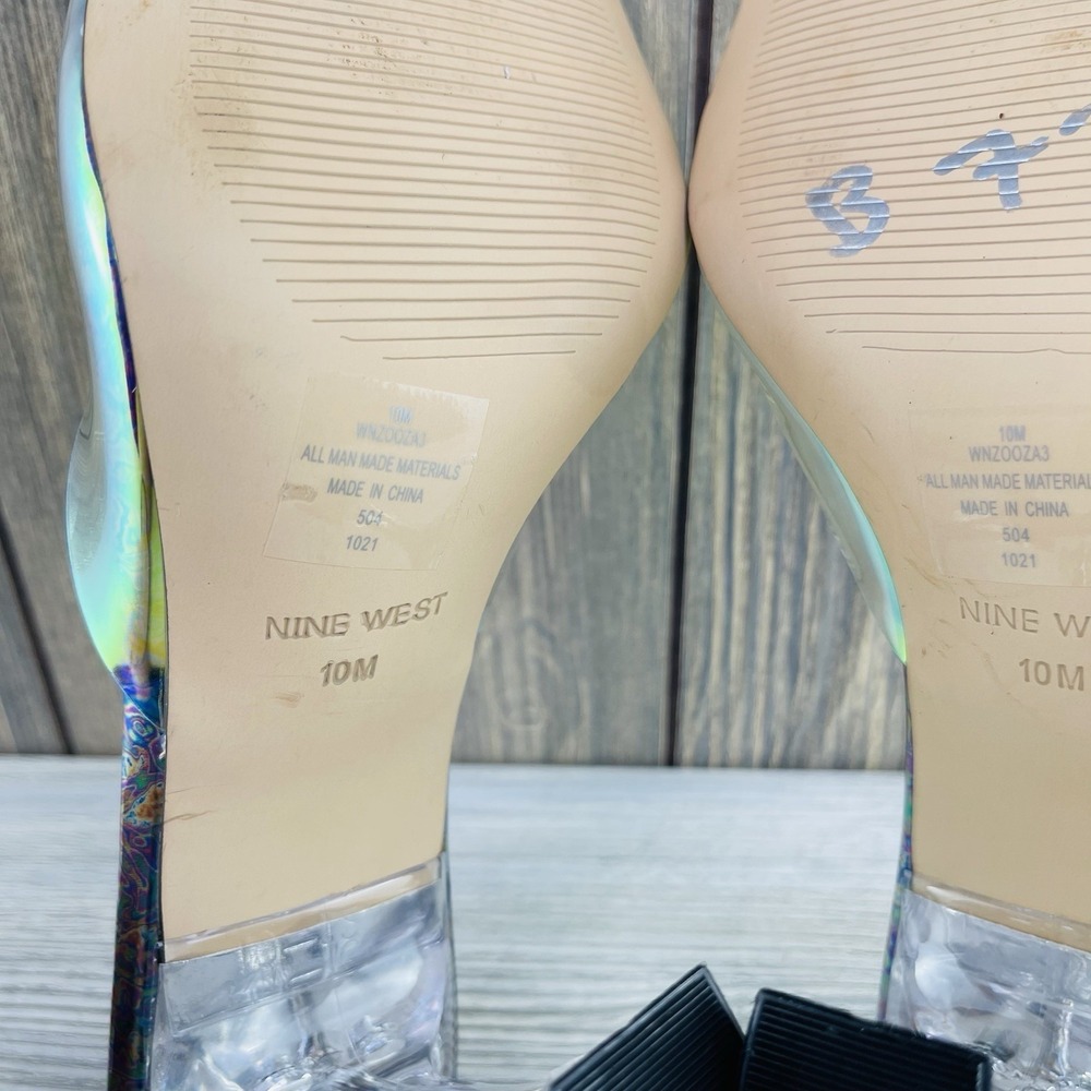 Nine West Holographic Clear Heel Mule Sandals Square Toe Rainbow Women's Size:10 - Picture 15 of 16